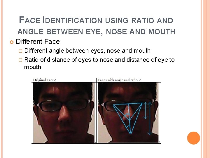 FACE IDENTIFICATION USING RATIO AND ANGLE BETWEEN EYE, NOSE AND MOUTH Different Face �