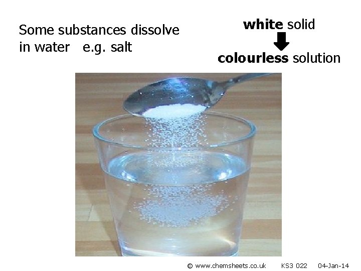 Some substances dissolve in water e. g. salt white solid colourless solution © www.