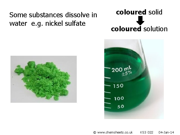 Some substances dissolve in water e. g. nickel sulfate coloured solid coloured solution ©