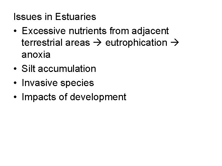 Issues in Estuaries • Excessive nutrients from adjacent terrestrial areas eutrophication anoxia • Silt