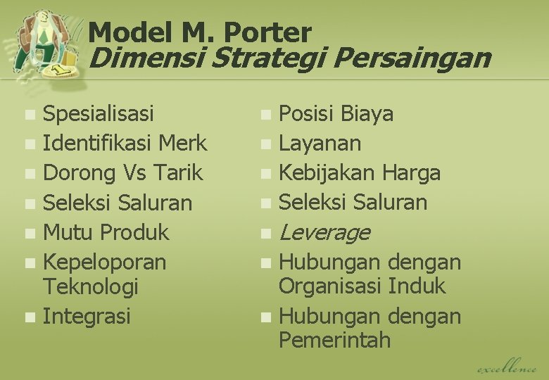 Model M. Porter Dimensi Strategi Persaingan Spesialisasi n Identifikasi Merk n Dorong Vs Tarik Model M. Porter Dimensi Strategi Persaingan Spesialisasi n Identifikasi Merk n Dorong Vs Tarik