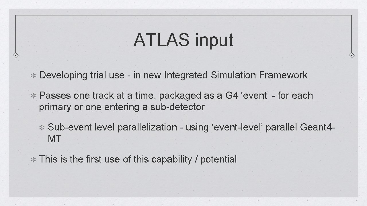 ATLAS input Developing trial use - in new Integrated Simulation Framework Passes one track