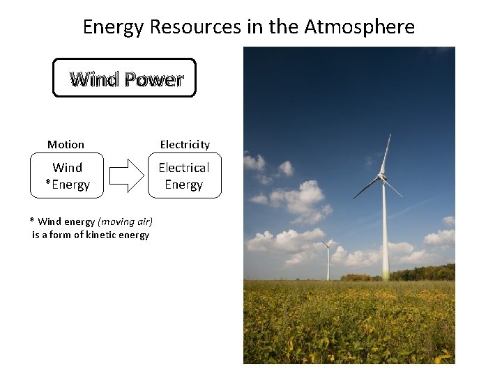 Energy Resources in the Atmosphere Wind Power Motion Electricity Wind *Energy Electrical Energy *