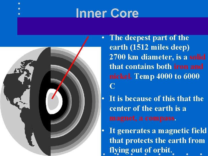 Inner Core • The deepest part of the earth (1512 miles deep) 2700 km