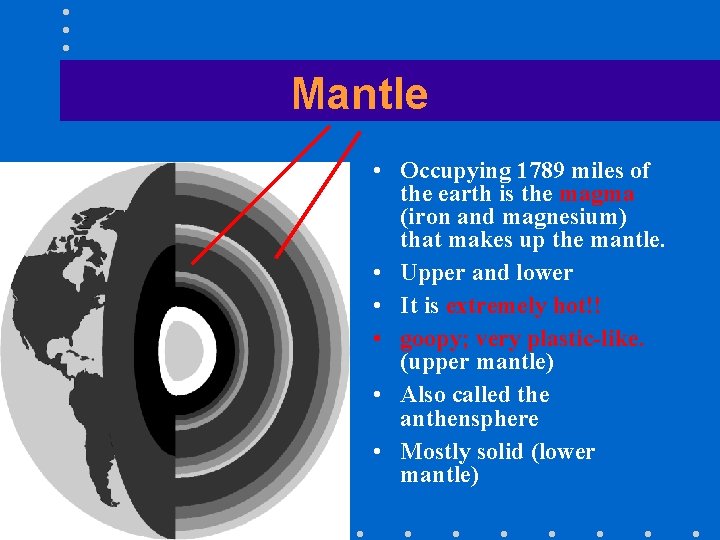 Mantle • Occupying 1789 miles of the earth is the magma (iron and magnesium)