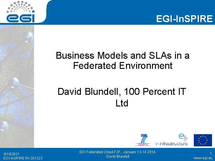 EGI-In. SPIRE Business Models and SLAs in a Federated Environment David Blundell, 100 Percent