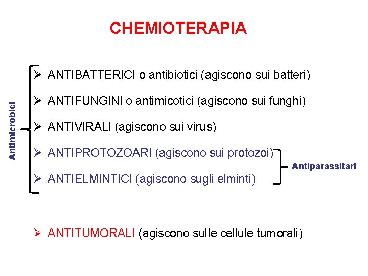 CHEMIOTERAPIA Antimicrobici Ø ANTIBATTERICI o antibiotici (agiscono sui batteri) Ø ANTIFUNGINI o antimicotici (agiscono