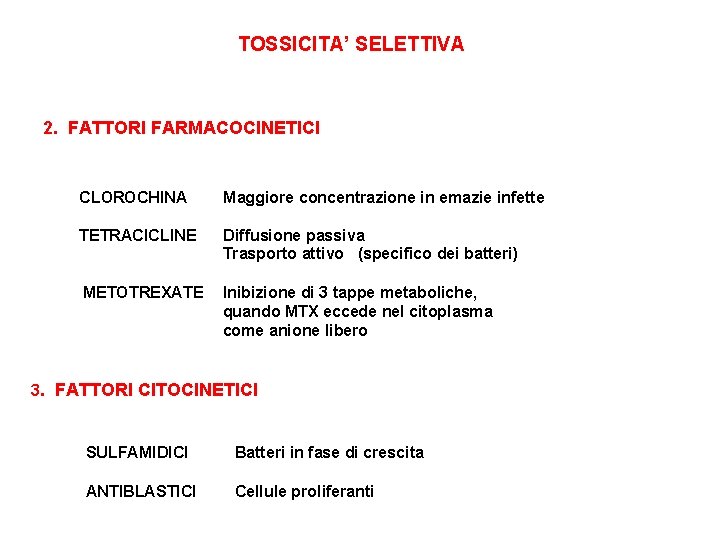 TOSSICITA’ SELETTIVA 2. FATTORI FARMACOCINETICI CLOROCHINA Maggiore concentrazione in emazie infette TETRACICLINE Diffusione passiva