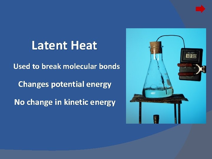 Latent Heat Used to break molecular bonds Changes potential energy No change in kinetic