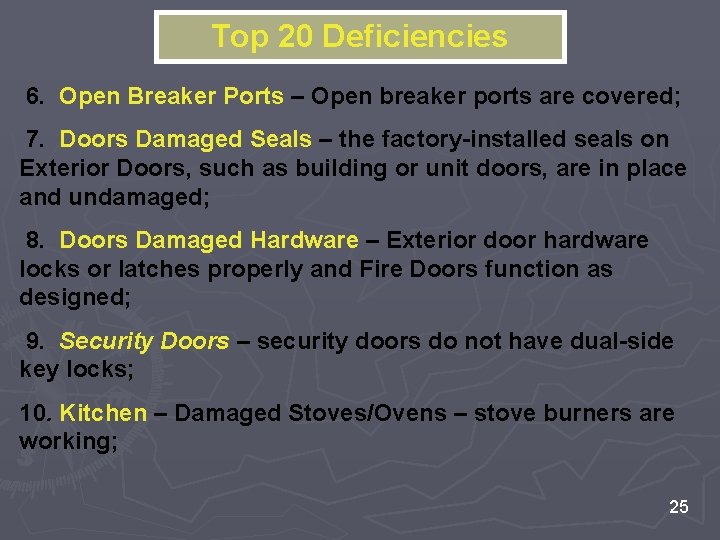 Top 20 Deficiencies 6. Open Breaker Ports – Open breaker ports are covered; 7. Top 20 Deficiencies 6. Open Breaker Ports – Open breaker ports are covered; 7.