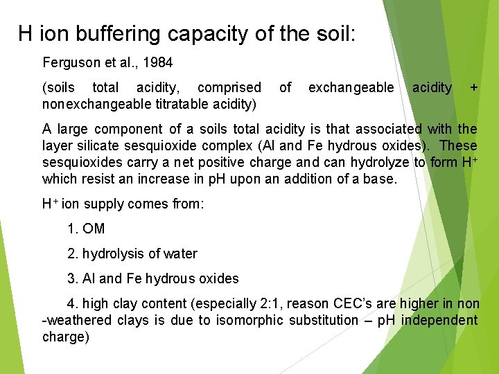 H ion buffering capacity of the soil: Ferguson et al. , 1984 (soils total