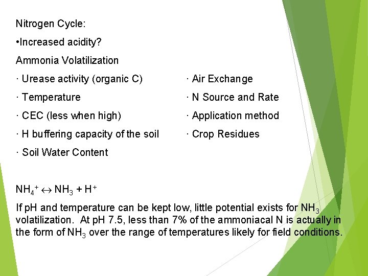 Nitrogen Cycle: • Increased acidity? Ammonia Volatilization · Urease activity (organic C) · Air