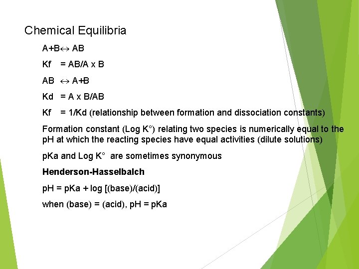 Chemical Equilibria A+B AB Kf = AB/A x B AB A+B Kd = A