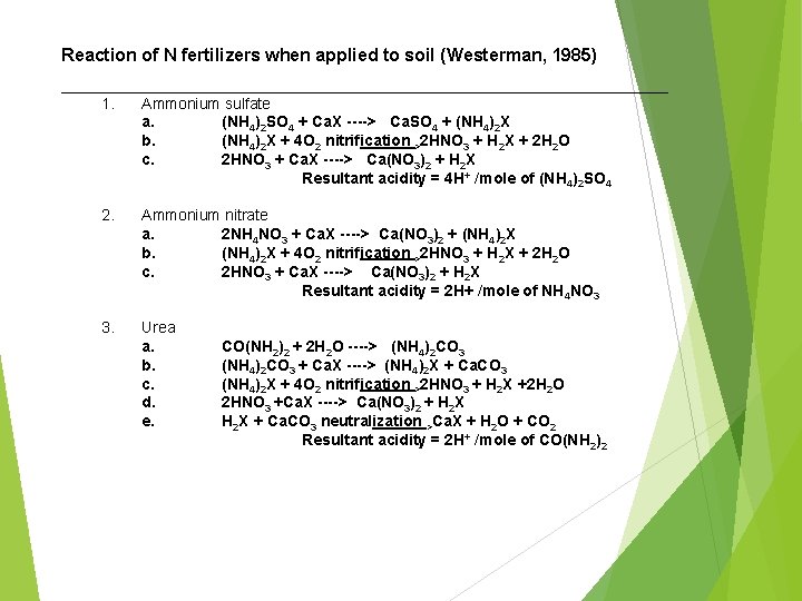 Reaction of N fertilizers when applied to soil (Westerman, 1985) ___________________________________ 1. Ammonium sulfate