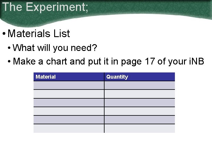 The Experiment; • Materials List • What will you need? • Make a chart