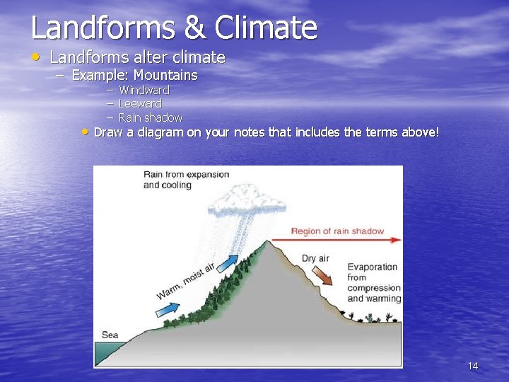 Landforms & Climate • Landforms alter climate – Example: Mountains – – – Windward