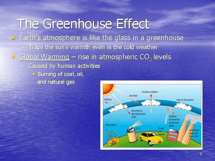 The Greenhouse Effect • Earth’s atmosphere is like the glass in a greenhouse –