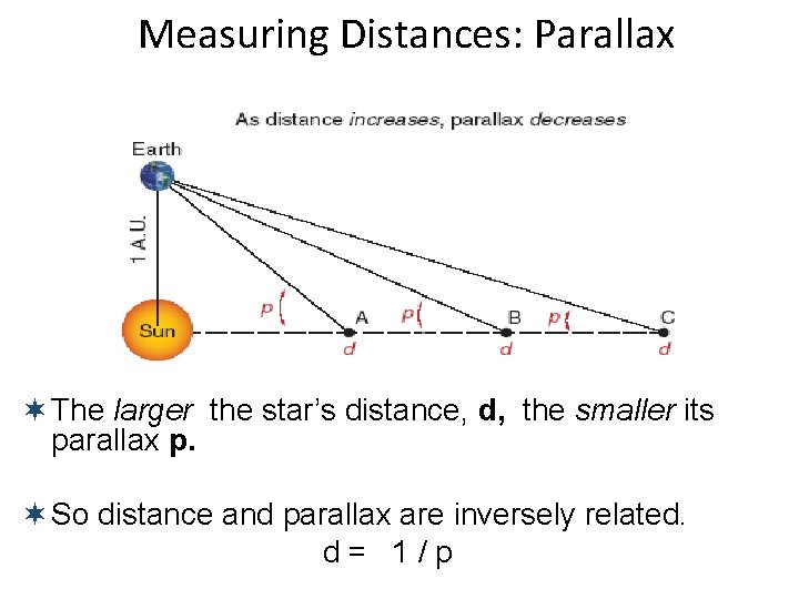 Measuring Distances: Parallax ¬ The larger the star’s distance, d, the smaller its parallax