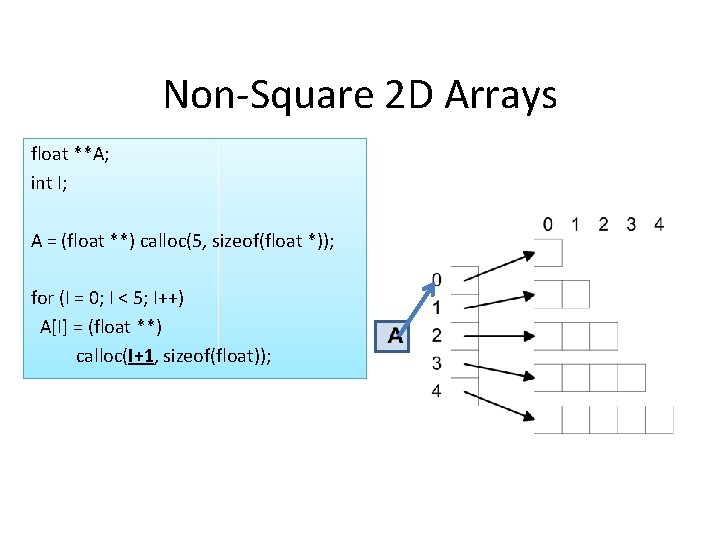 Non-Square 2 D Arrays float **A; int I; A = (float **) calloc(5, sizeof(float
