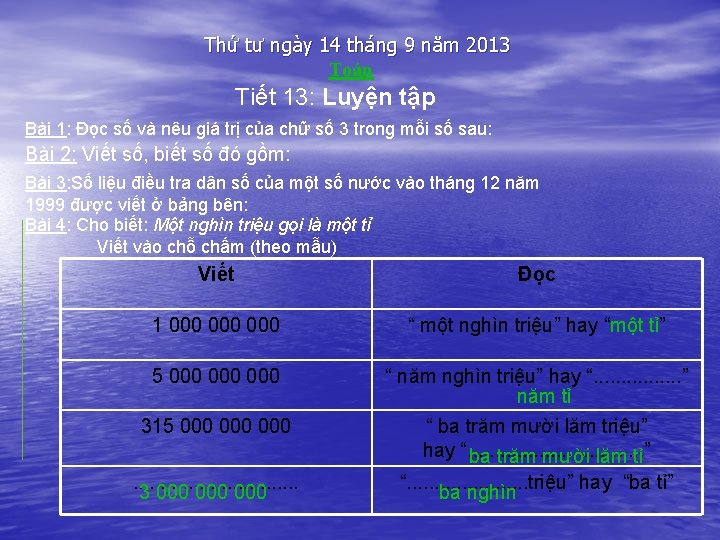 Thứ tư ngày 14 tháng 9 năm 2013 Toán Tiết 13: Luyện tập Bài