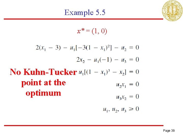 Example 5. 5 x* = (1, 0) No Kuhn-Tucker point at the optimum Page