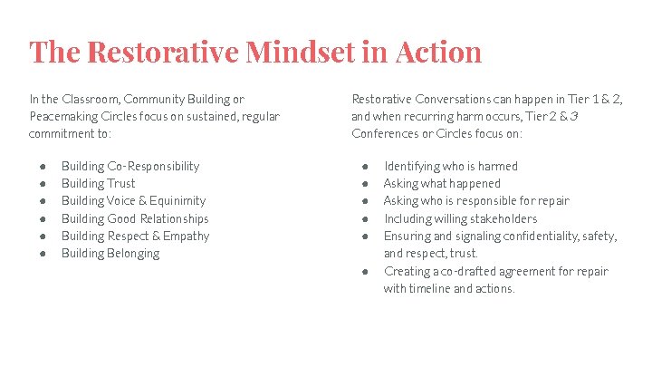 The Restorative Mindset in Action In the Classroom, Community Building or Peacemaking Circles focus