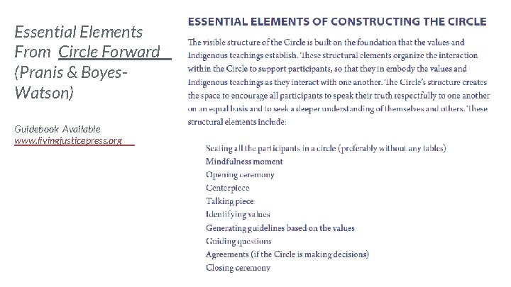 Essential Elements From Circle Forward (Pranis & Boyes. Watson) Guidebook Available www. livingjusticepress. org