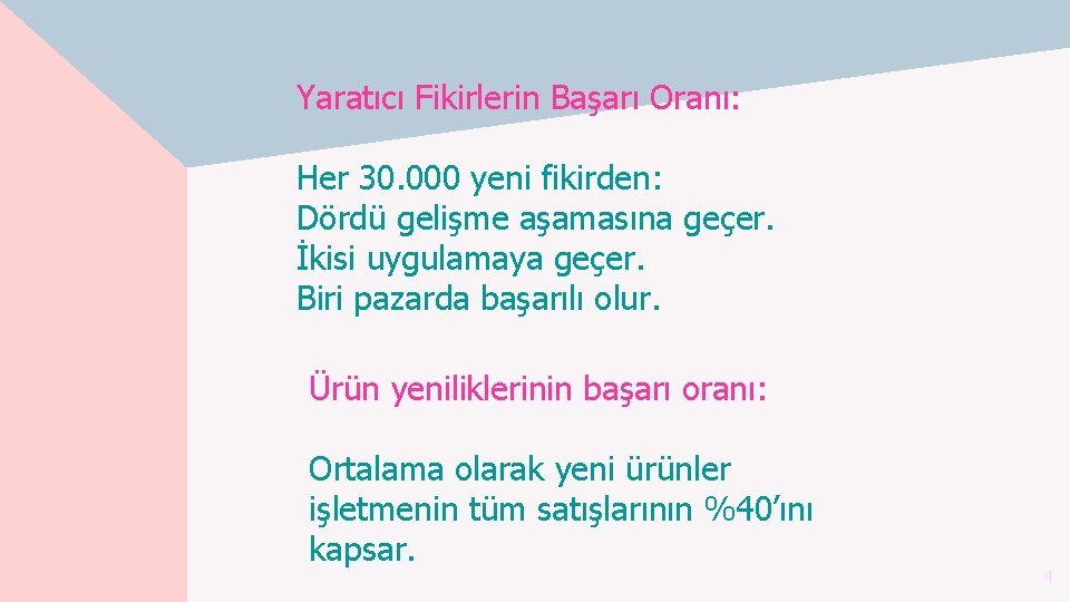 Yaratıcı Fikirlerin Başarı Oranı: Her 30. 000 yeni fikirden: Dördü gelişme aşamasına geçer. İkisi