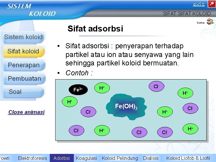 exit SIFAT KOLOID home Sifat adsorbsi • Sifat adsorbsi : penyerapan terhadap partikel atau