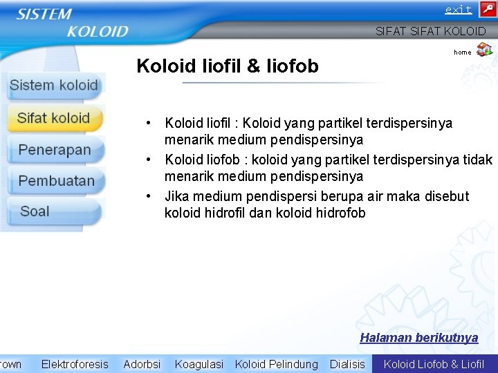 rown exit SIFAT KOLOID home Koloid liofil & liofob • Koloid liofil : Koloid
