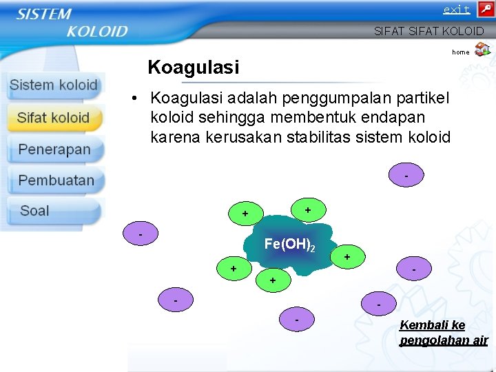 exit SIFAT KOLOID home Koagulasi • Koagulasi adalah penggumpalan partikel koloid sehingga membentuk endapan