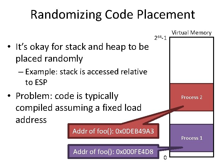Randomizing Code Placement • It’s okay for stack and heap to be placed randomly