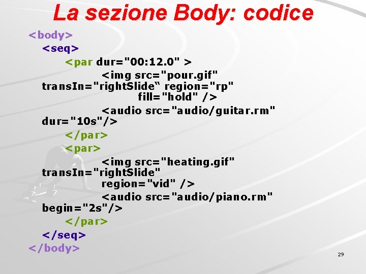 La sezione Body: codice <body> <seq> <par dur="00: 12. 0" > <img src="pour. gif"