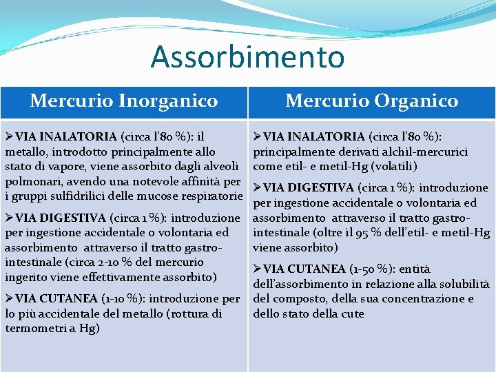 Assorbimento Mercurio Inorganico ØVIA INALATORIA (circa l’ 80 %): il metallo, introdotto principalmente allo