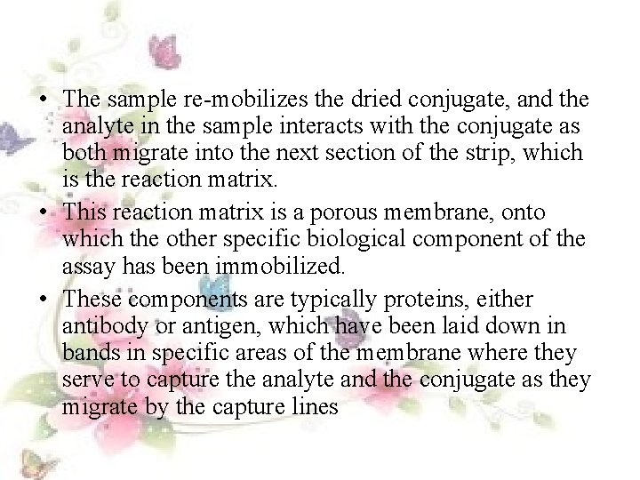  • The sample re-mobilizes the dried conjugate, and the analyte in the sample