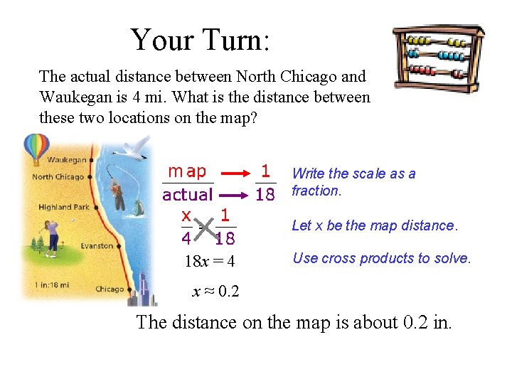 Your Turn: The actual distance between North Chicago and Waukegan is 4 mi. What Your Turn: The actual distance between North Chicago and Waukegan is 4 mi. What