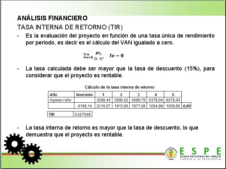 ANÁLISIS FINANCIERO TASA INTERNA DE RETORNO (TIR) - Es la evaluación del proyecto en