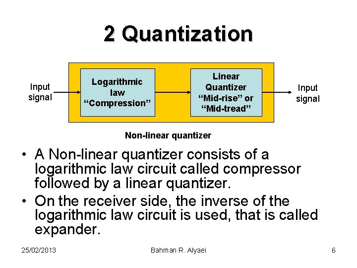 2 Quantization Input signal Logarithmic law “Compression” Linear Quantizer “Mid-rise” or “Mid-tread” Input signal