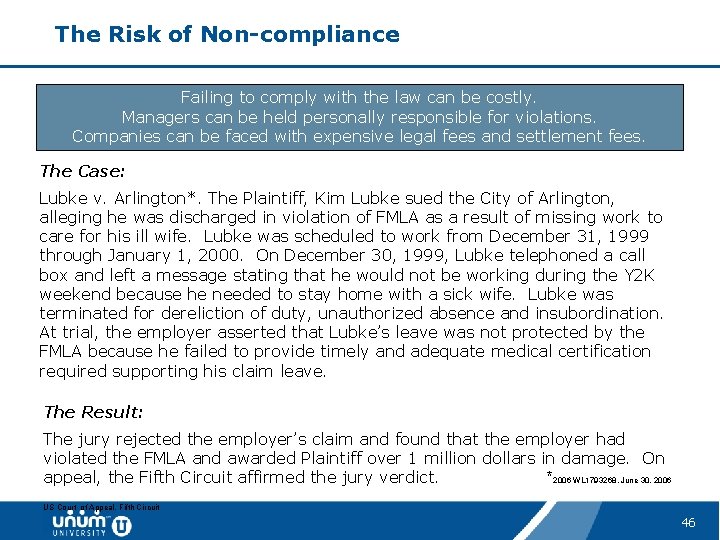 The Risk of Non-compliance Failing to comply with the law can be costly. Managers