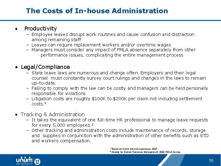 The Costs of In-house Administration • Productivity – Employee leaves disrupt work routines and