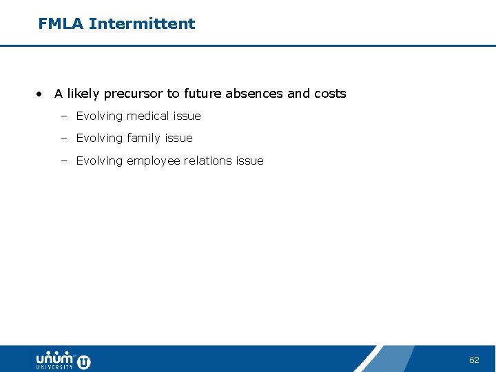 FMLA Intermittent • A likely precursor to future absences and costs – Evolving medical