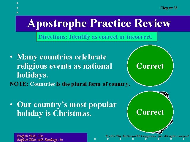 Chapter 35 Apostrophe Practice Review Directions: Identify as correct or incorrect. • Many countries