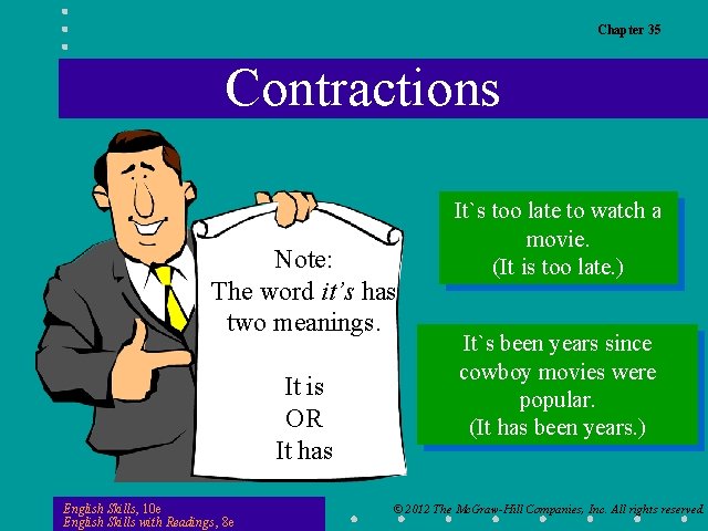 Chapter 35 Contractions Note: The word it’s has two meanings. It is OR It