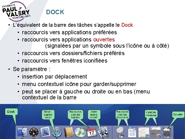 DOCK • L’équivalent de la barre des tâches s’appelle le Dock • raccourcis vers