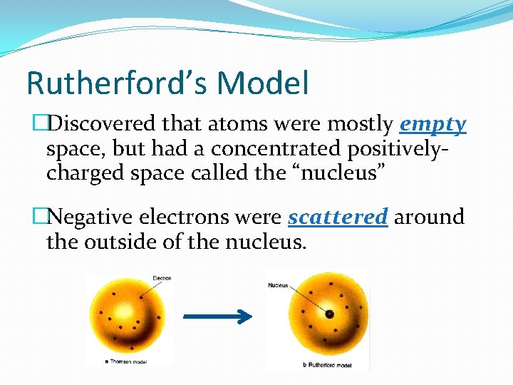 Rutherford’s Model �Discovered that atoms were mostly empty space, but had a concentrated positivelycharged Rutherford’s Model �Discovered that atoms were mostly empty space, but had a concentrated positivelycharged