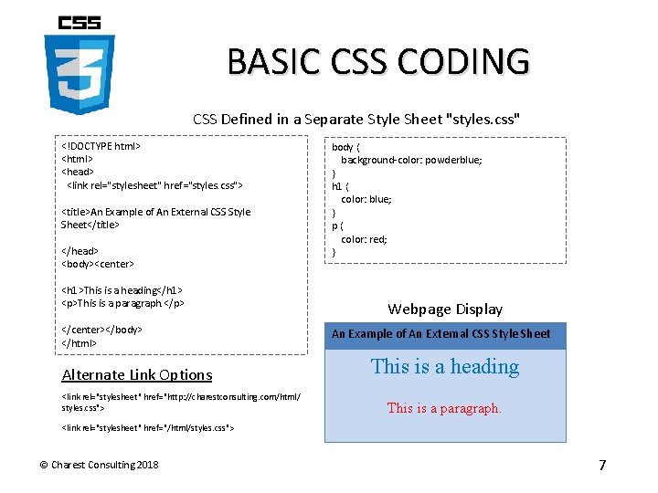 BASIC CSS CODING CSS Defined in a Separate Style Sheet "styles. css" <!DOCTYPE html>