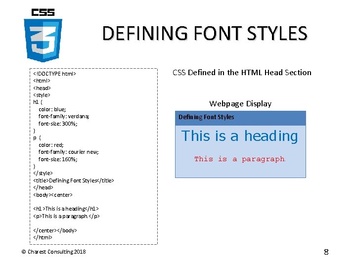 DEFINING FONT STYLES <!DOCTYPE html> <head> <style> h 1 { color: blue; font-family: verdana;