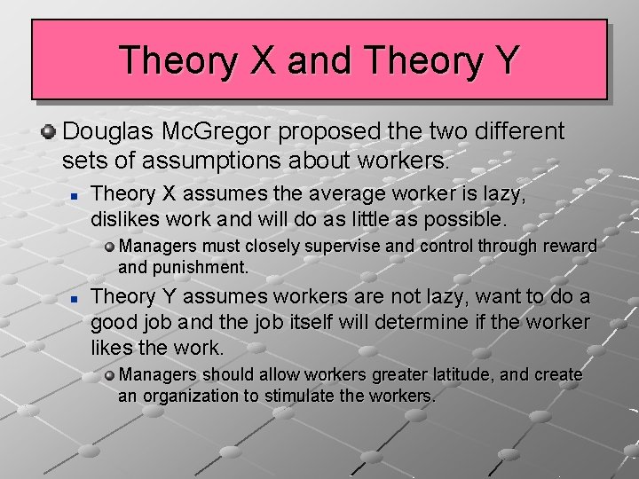 Theory X and Theory Y Douglas Mc. Gregor proposed the two different sets of