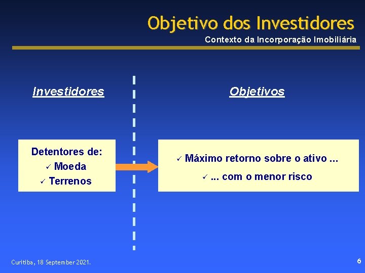 Objetivo dos Investidores Contexto da Incorporação Imobiliária Investidores Detentores de: ü Moeda ü Terrenos