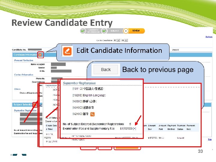 Review Candidate Entry Edit Candidate Information Edit Subject Selection 33 